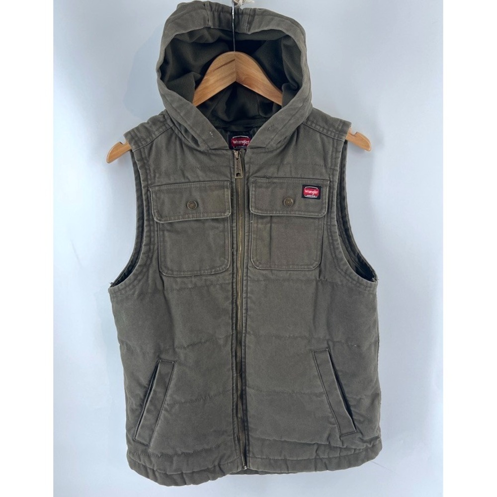 Wrangler Workwear Hooded Vest Mens Small 34-36 Green Full Zip Pockets Canvas